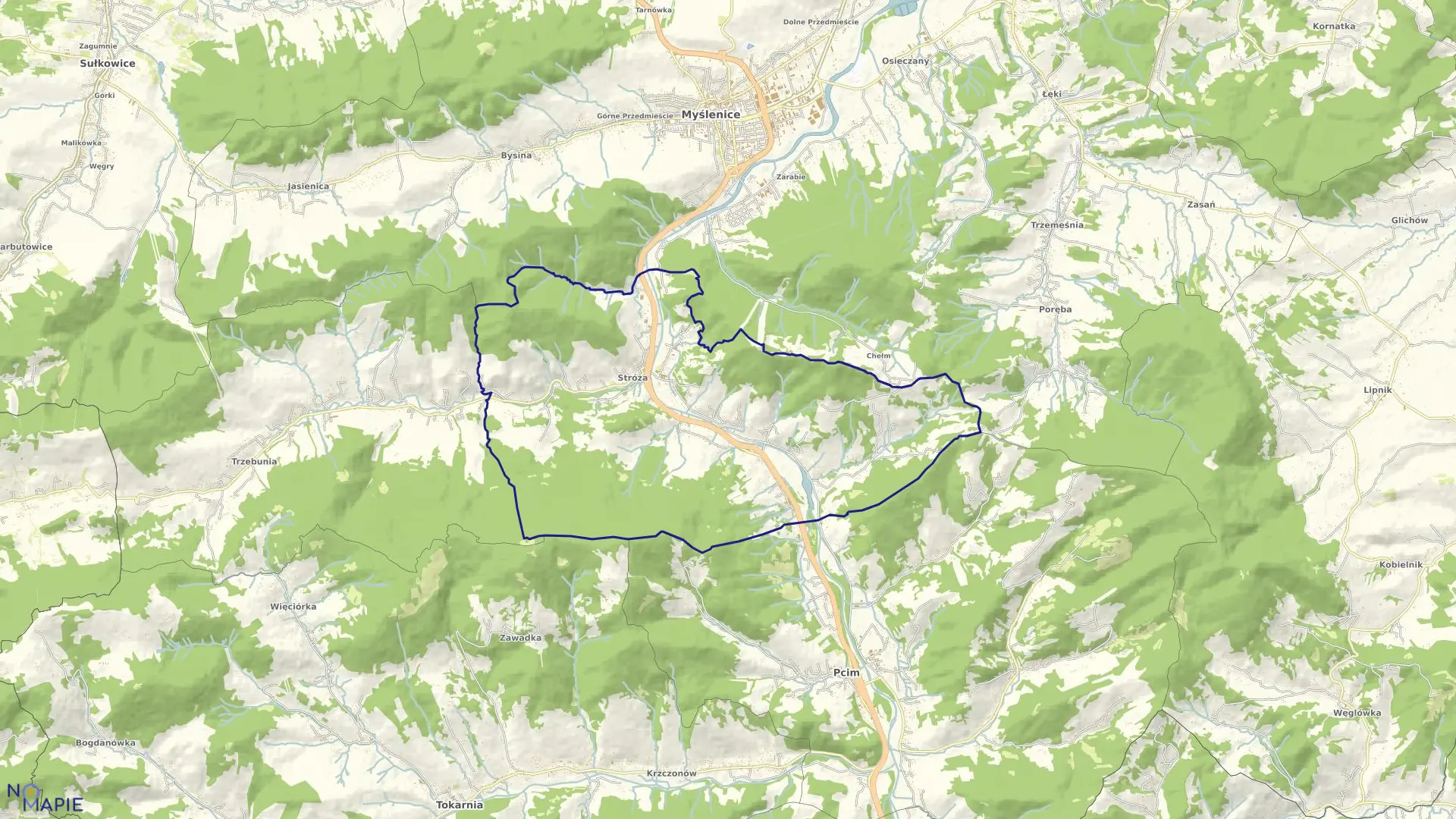 Mapa obrębu Stróża w gminie Pcim