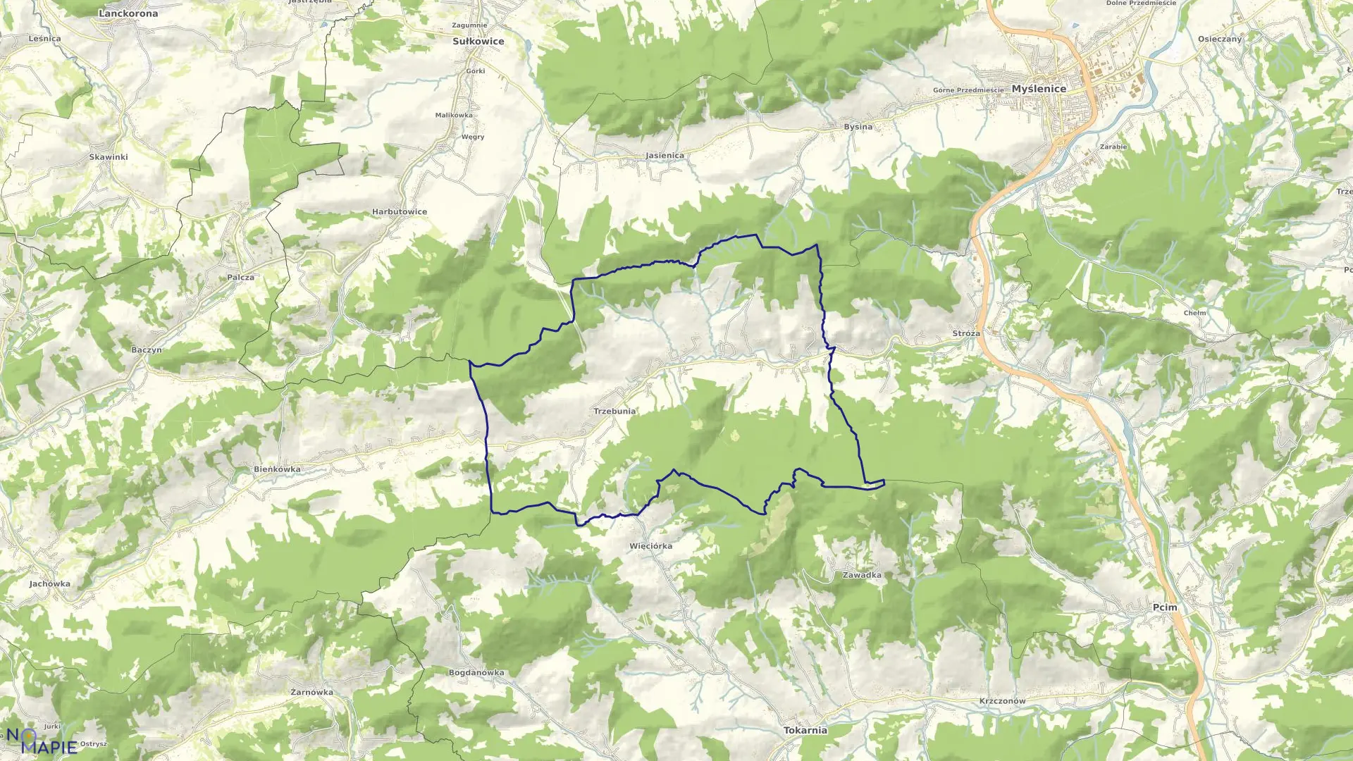 Mapa obrębu Trzebunia w gminie Pcim